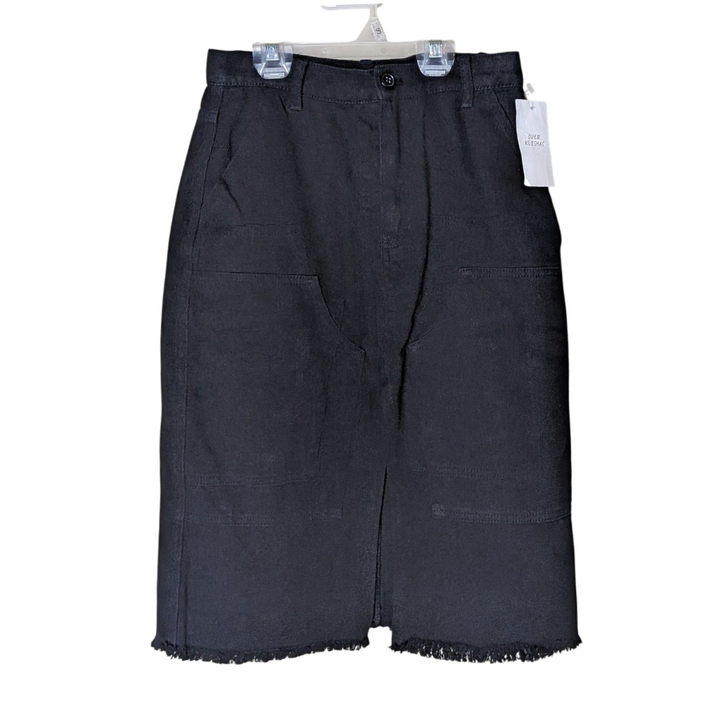 Over Kleshas Women's Small Black Denim‎ Skirt Raw Hem Utility Pocket Front Slit